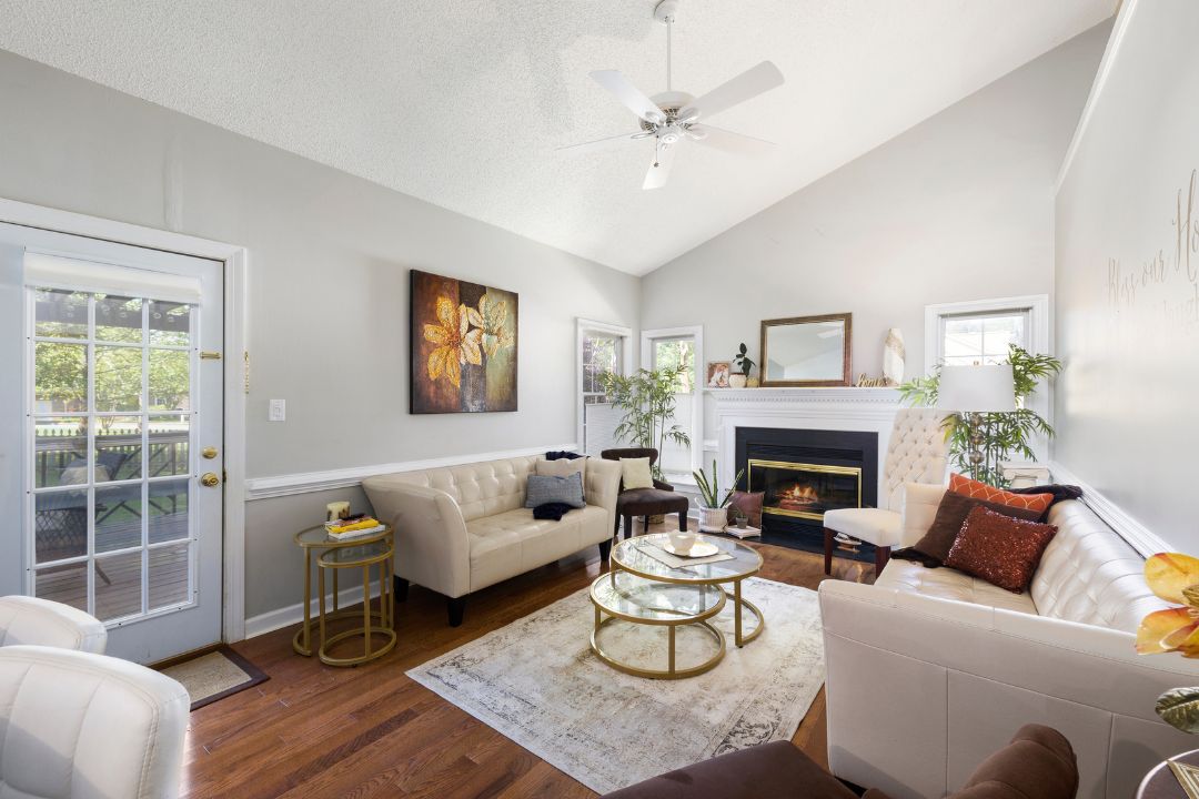 Bright living room with fireplace
